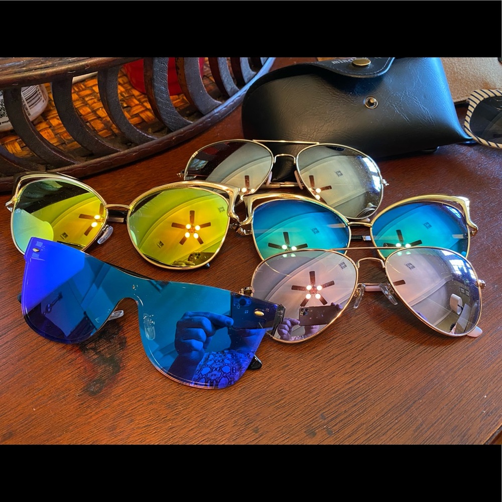 Lot of various color mirrored sunglasses & cases